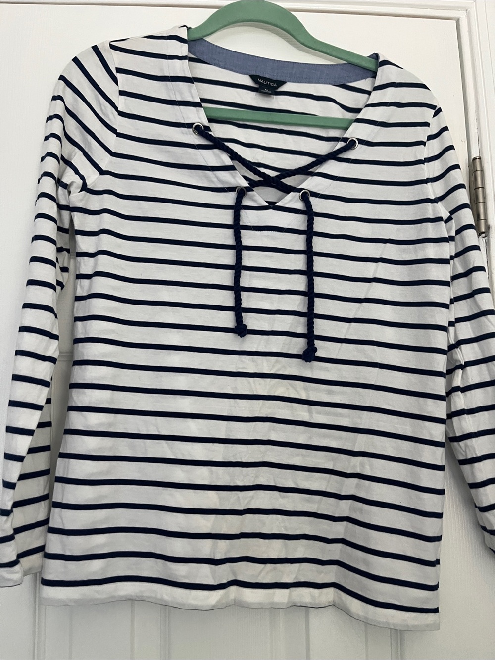 Nautica White and Navy Striped Lace-Up Long Sleeve Tee